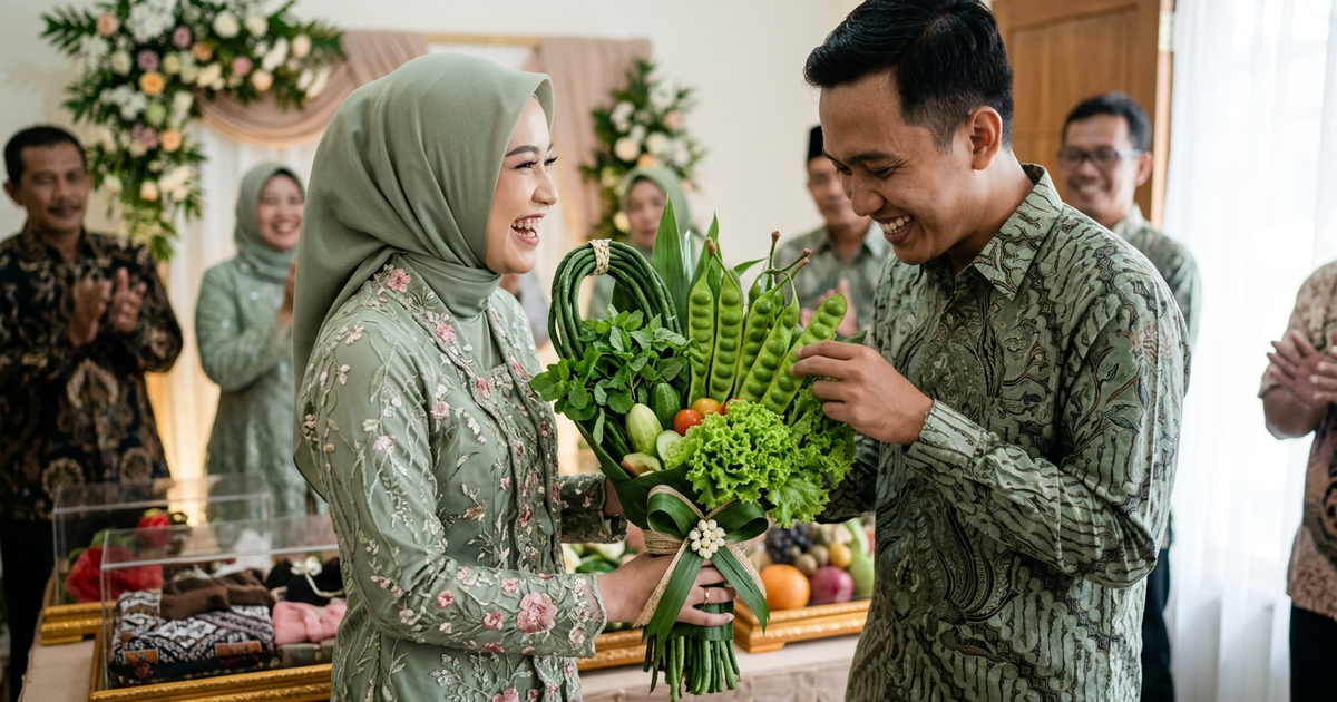 Ilustrasi artikel: Buket Lalapan Viral: Sorotan Unik Pengantin Pakai Petai dan Kacang Panjang