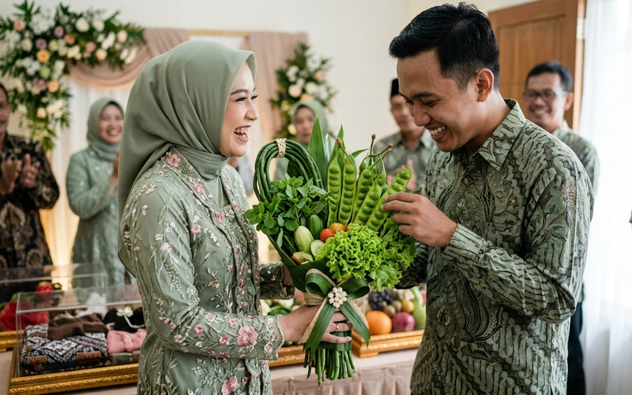 Buket Lalapan Viral: Sorotan Unik Pengantin Pakai Petai dan Kacang Panjang