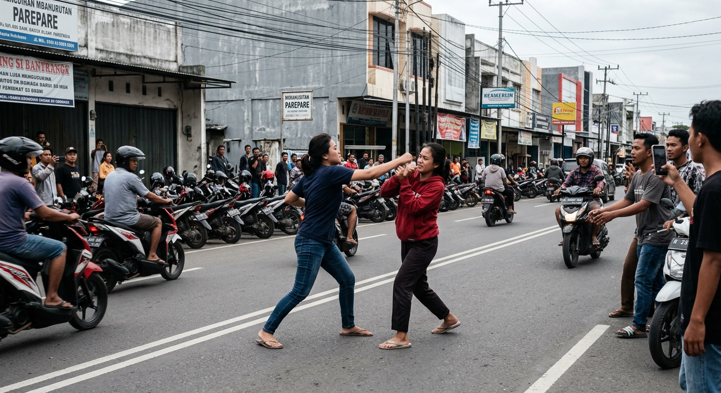 Viral Dua Wanita Duel Gladiator di Tengah Jalan Raya