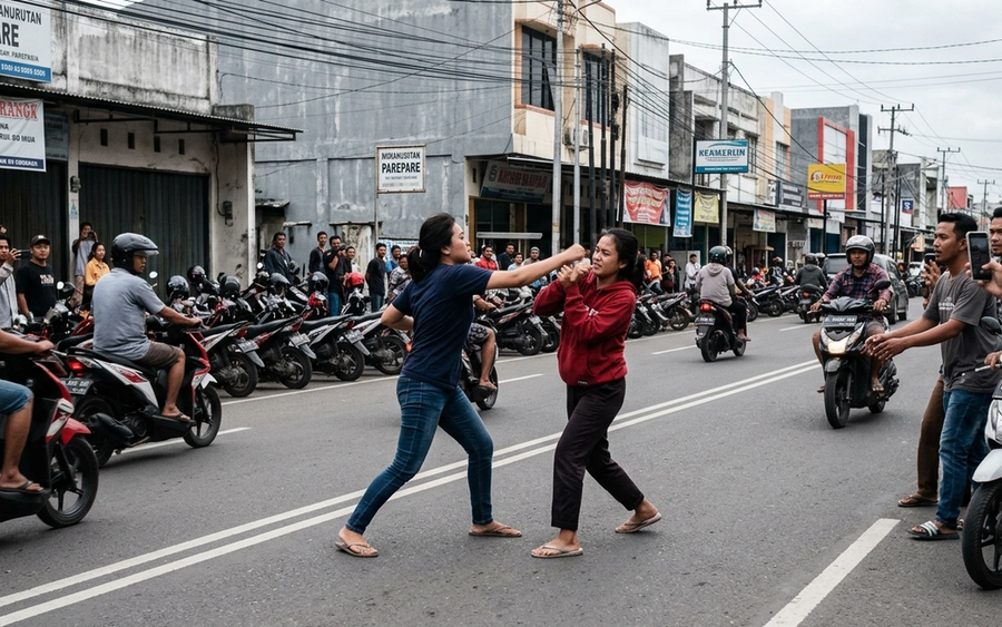 Viral Dua Wanita Duel Gladiator di Tengah Jalan Raya