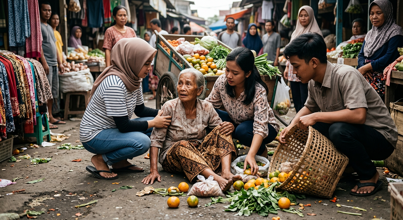 Viral! Aksi Spontan Warganet Bantu Pedagang Tua Jatuh di Pasar Tradisional