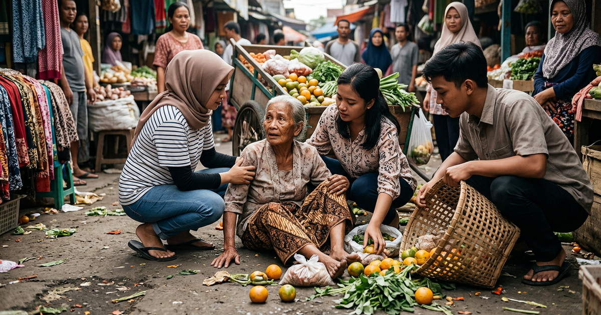 Ilustrasi artikel: Viral! Aksi Spontan Warganet Bantu Pedagang Tua Jatuh di Pasar Tradisional