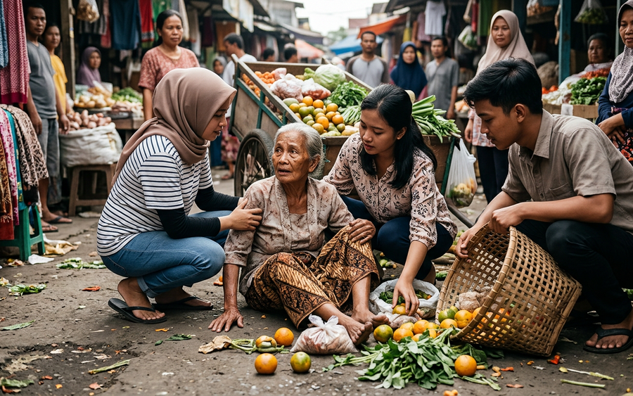 Viral! Aksi Spontan Warganet Bantu Pedagang Tua Jatuh di Pasar Tradisional
