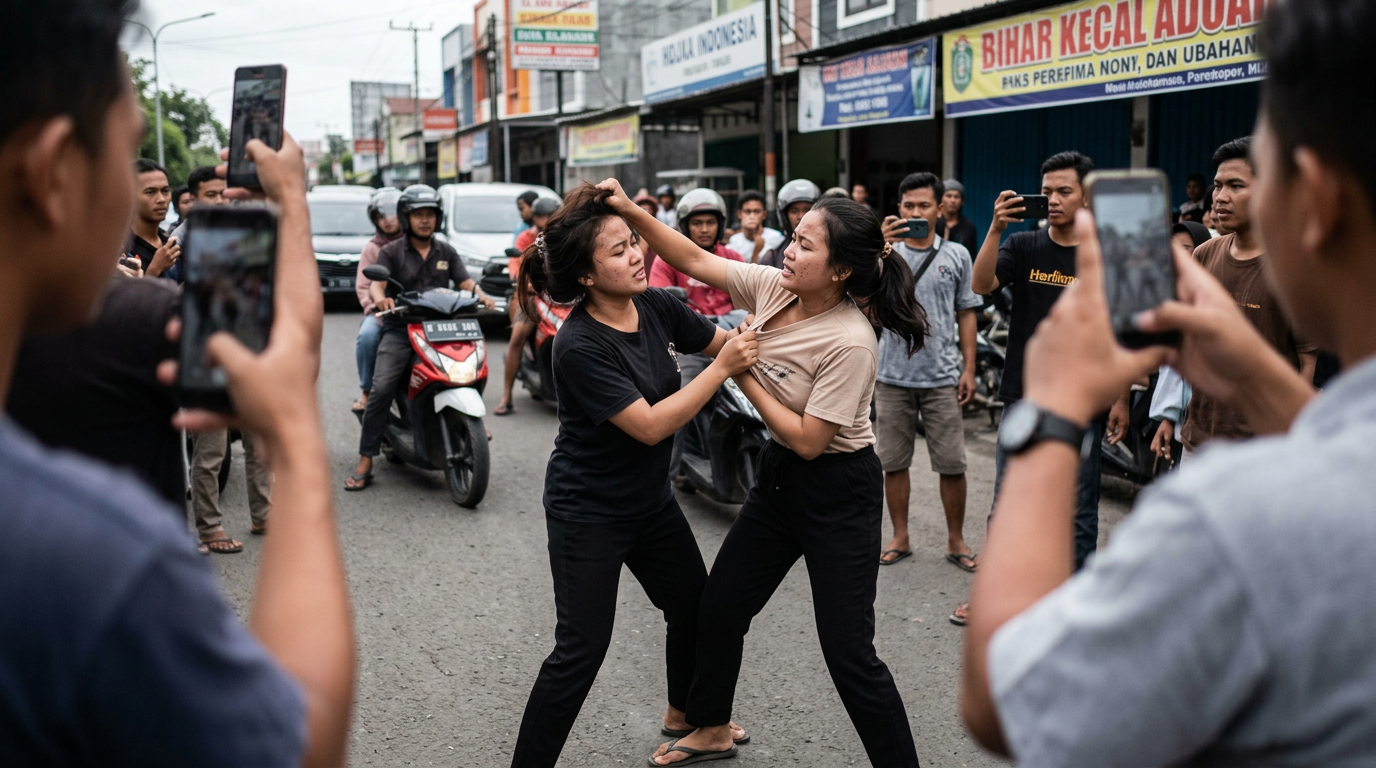 Viral! Duel Gladiator Dua Wanita di Tengah Jalan Jadi Sorotan Netizen