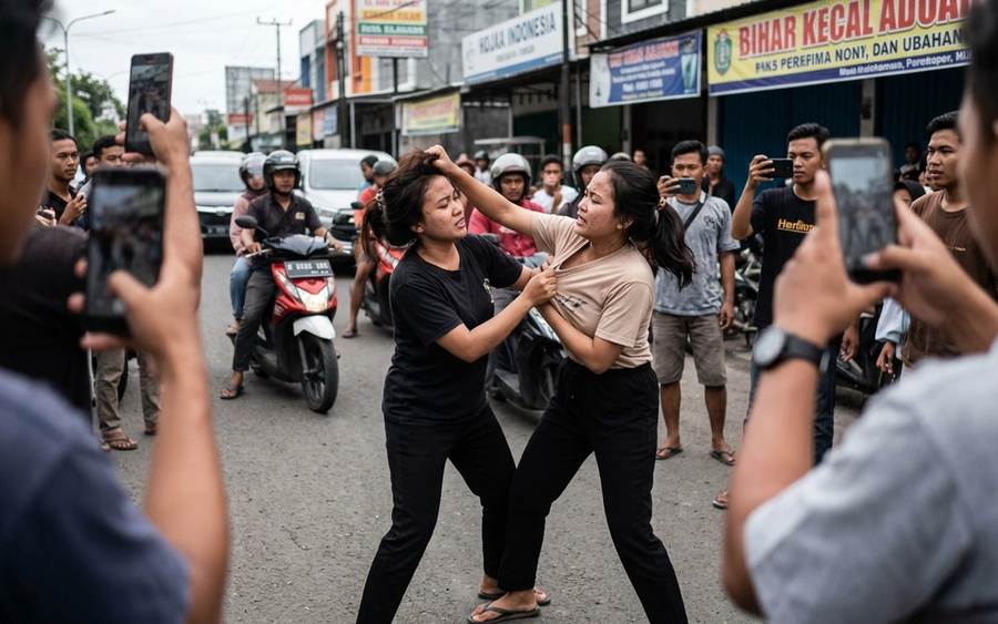 Viral! Duel Gladiator Dua Wanita di Tengah Jalan Jadi Sorotan Netizen