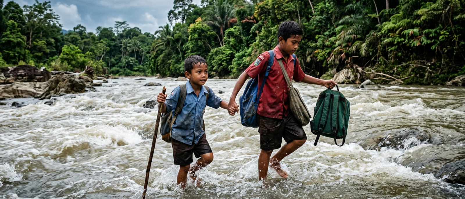 Kisah Haru Bocah Nias: Seberangi Sungai Deras Demi Sekolah