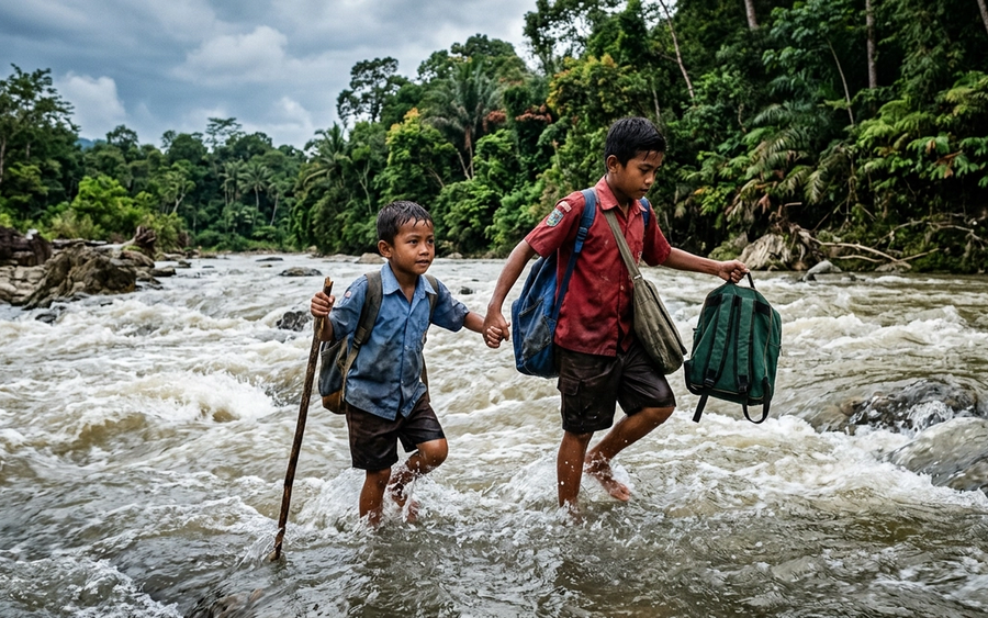 Kisah Haru Bocah Nias: Seberangi Sungai Deras Demi Sekolah