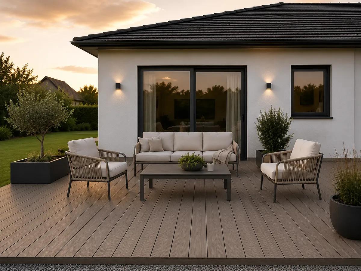 Kompositterrasse med jævn overflade og naturligt trælook - minimalt vedligeholdelsesbehov og god modstandsdygtighed over for fugt og temperatursvingninger