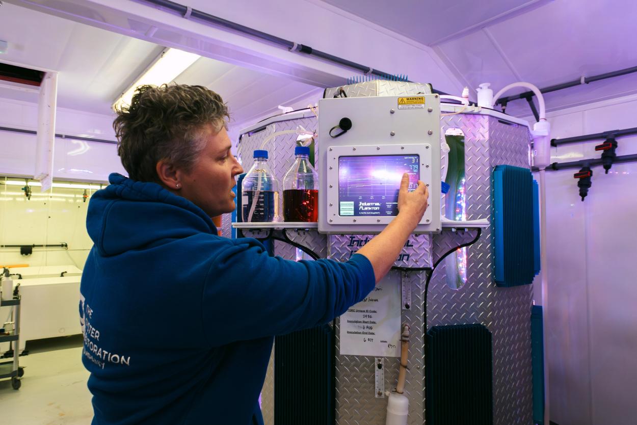Hatchery manager, Anna explaining the read out from one of the bioreactors