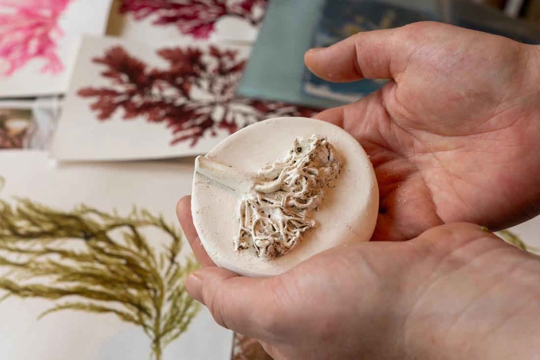 Hands holding a plastic of Paris sculpture
