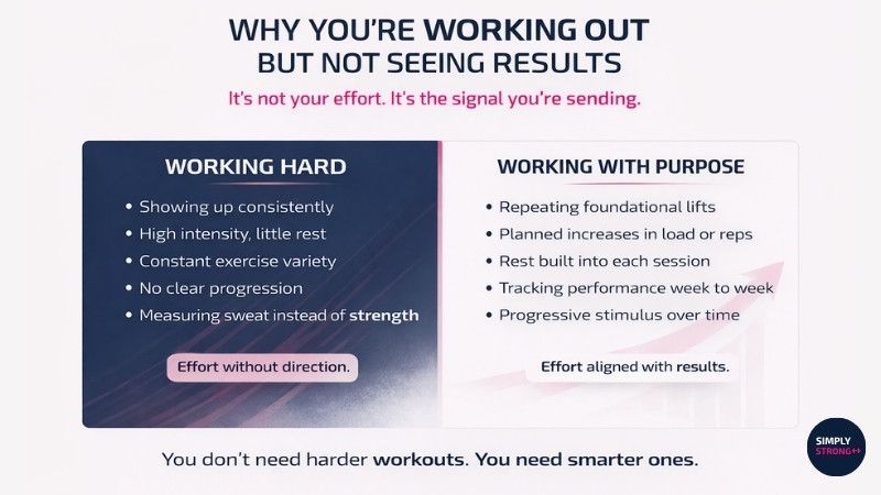 Split-panel infographic contrasting ‘Working Hard’ high-intensity workouts with ‘Working With Purpose’ structured progressive strength training to illustrate why effort alone doesn’t lead to results.