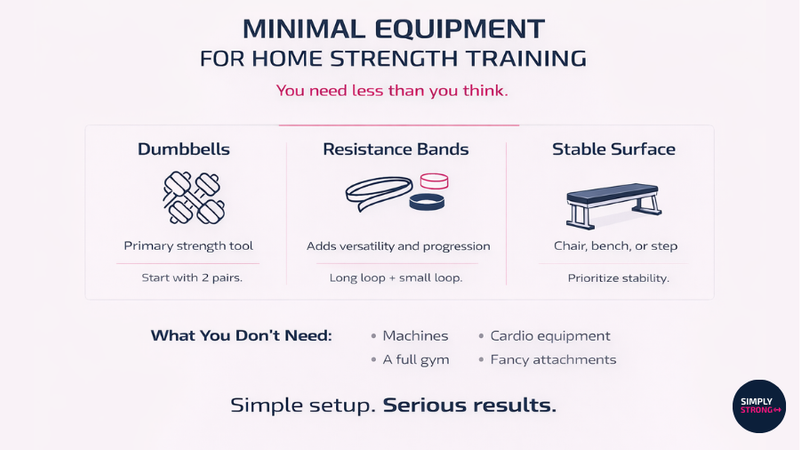 Infographic showing minimal equipment needed for home strength training including dumbbells, resistance bands, and a bench.