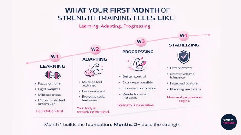 Infographic timeline showing what weeks 1 to 4 of starting strength training typically feel like.