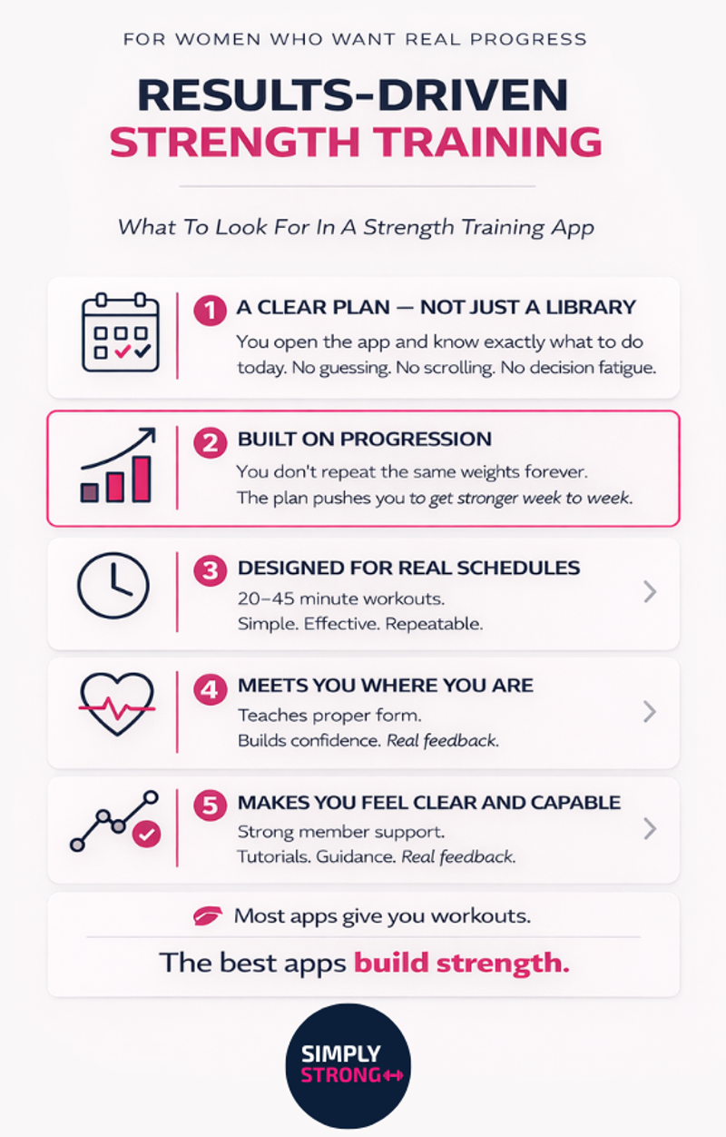 Infographic showing five features of a results-driven strength training app for women, highlighted in navy and pink brand colors.