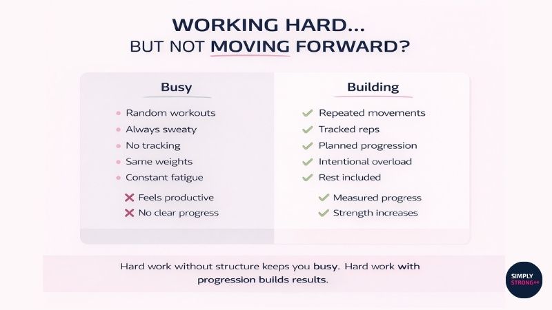 Split-screen infographic comparing “Busy” workouts versus “Building” strength training with progression.