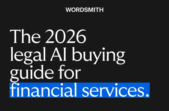 Tarjeta de título de Wordsmith para el artículo "La guía de compra de IA jurídica 2026 para servicios financieros".