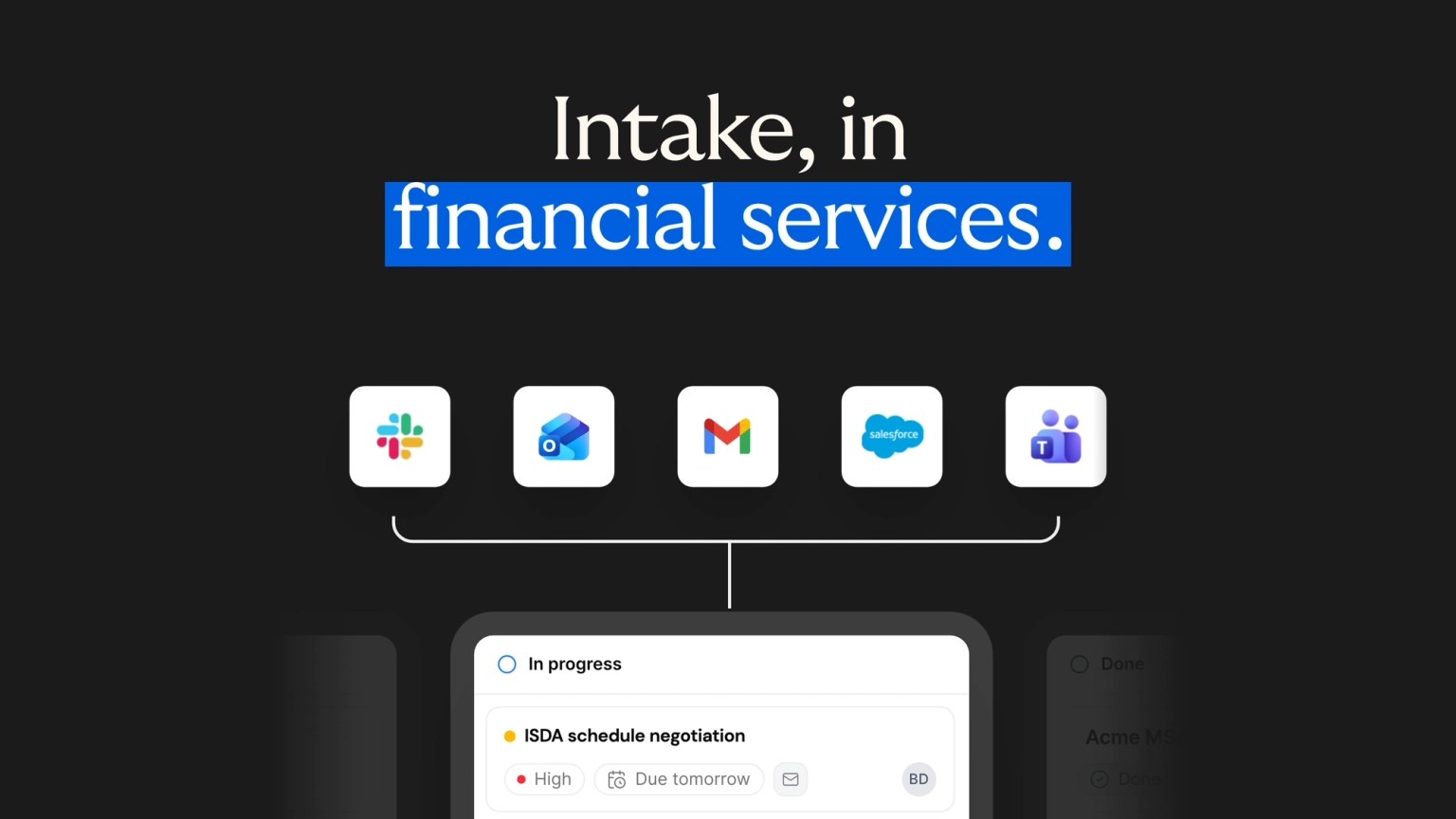 Wordsmith Legal Intake platform capturing and automating legal requests for financial services teams.