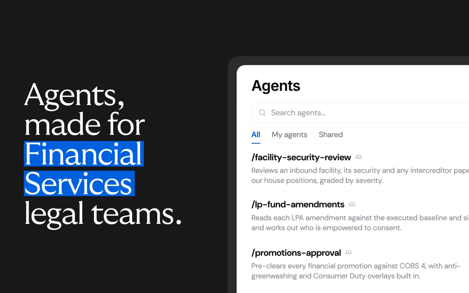 Wordsmith AI interface showcasing three legal agents designed for financial services teams handling facility agreements, LPA amendments, and financial promotions.