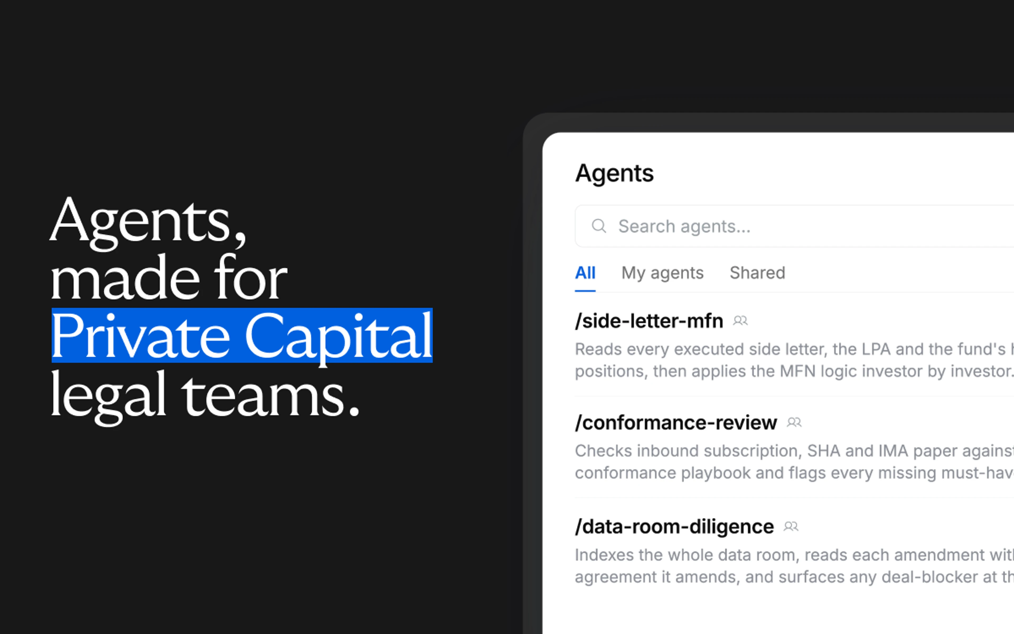 A split graphic showing the text 'Agents, made for Private Capital legal teams' on a dark background on the left, and a preview of a software interface displaying a checklist of automated legal tasks on the right.