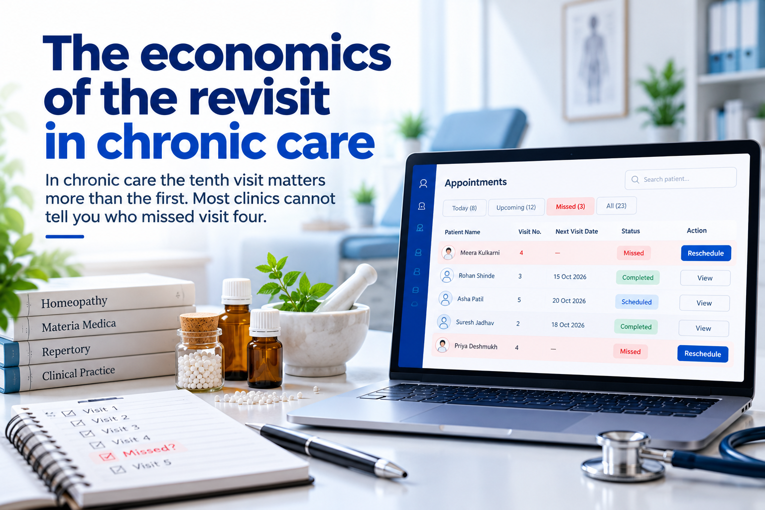 Homeopathy clinic dashboard showing missed follow-ups, patient revisit tracking, and appointment management for chronic care.