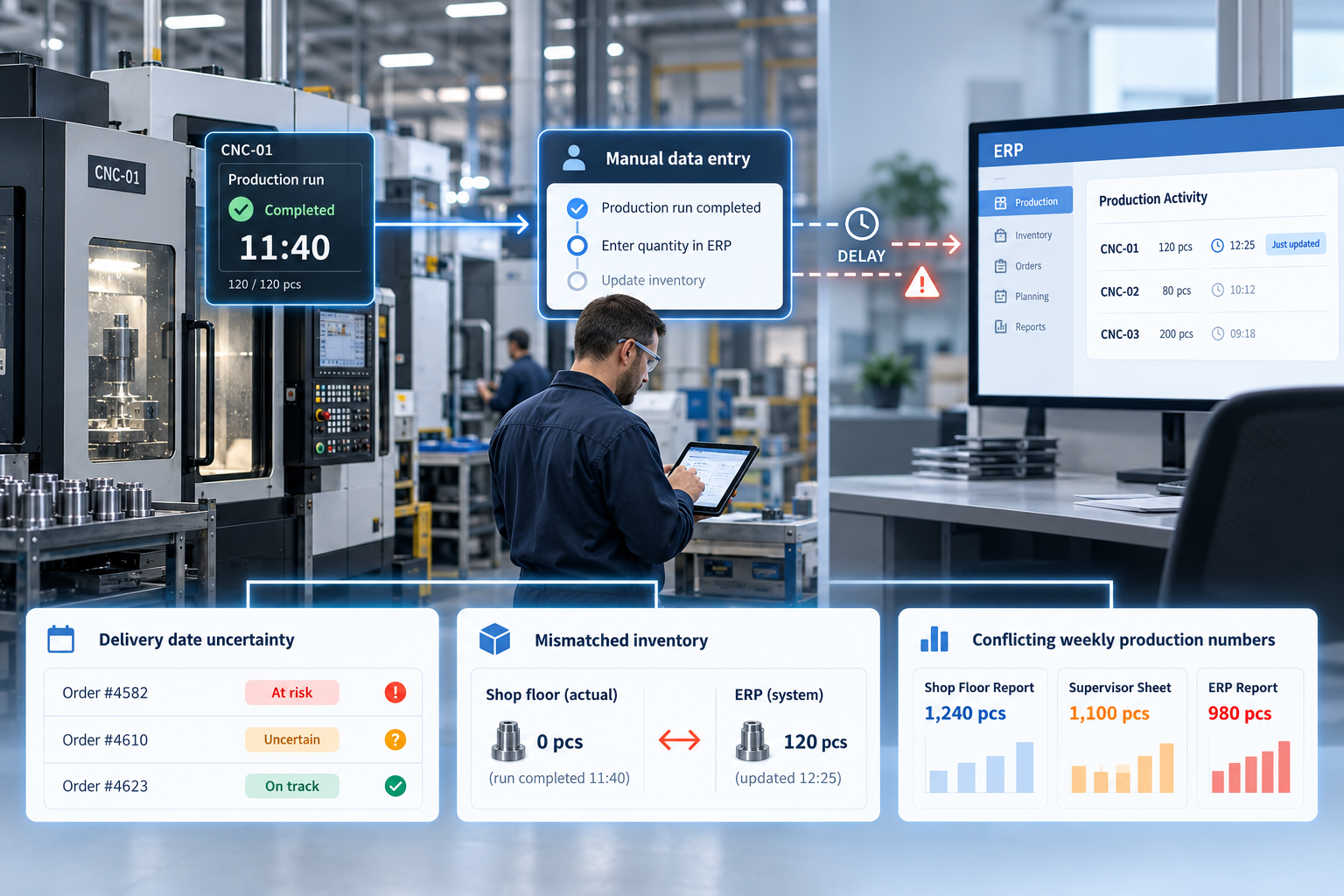 CNC machine production data delayed before updating the ERP system.