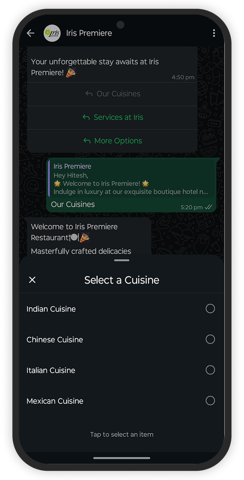 Hotel Iris Premier WhatsApp Chatbot Screenshot 2