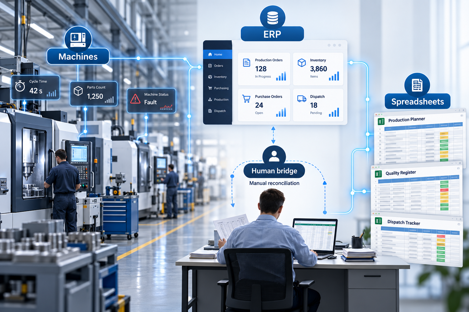 Manufacturing data flowing between CNC machines, ERP systems, spreadsheets, and manual processes.