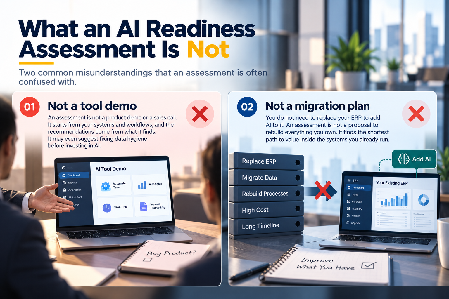 AI readiness assessment showing what it is not: a tool demo or ERP migration plan.