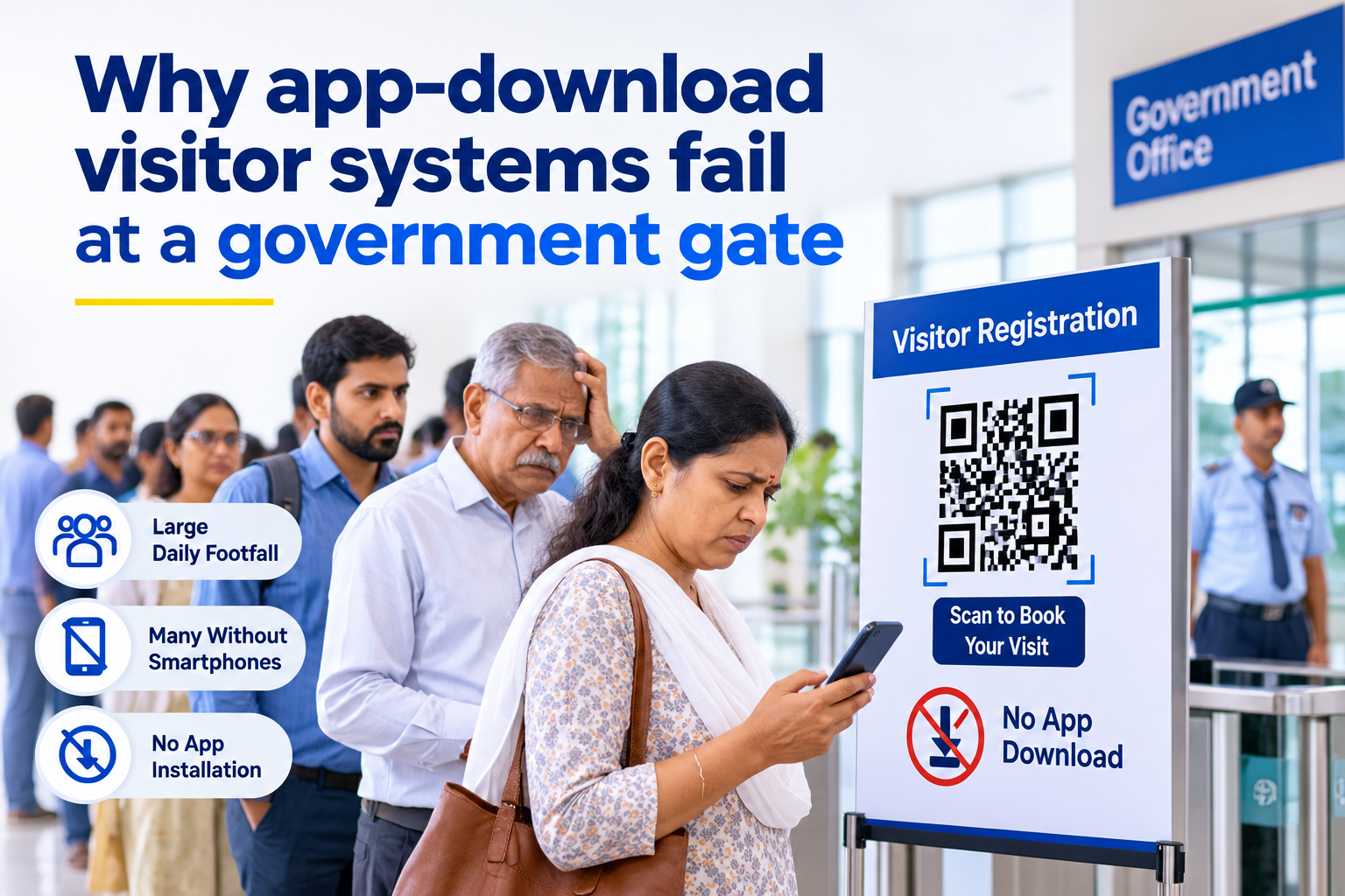 Citizens queue at a government office beside a QR-based visitor registration standee offering appointment booking without an app download.