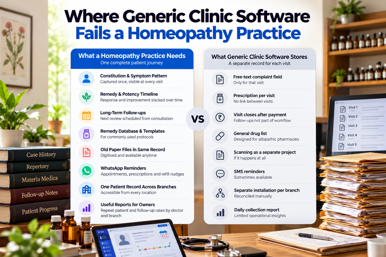 Homeopathy-specific clinic software compared with generic clinic software features.