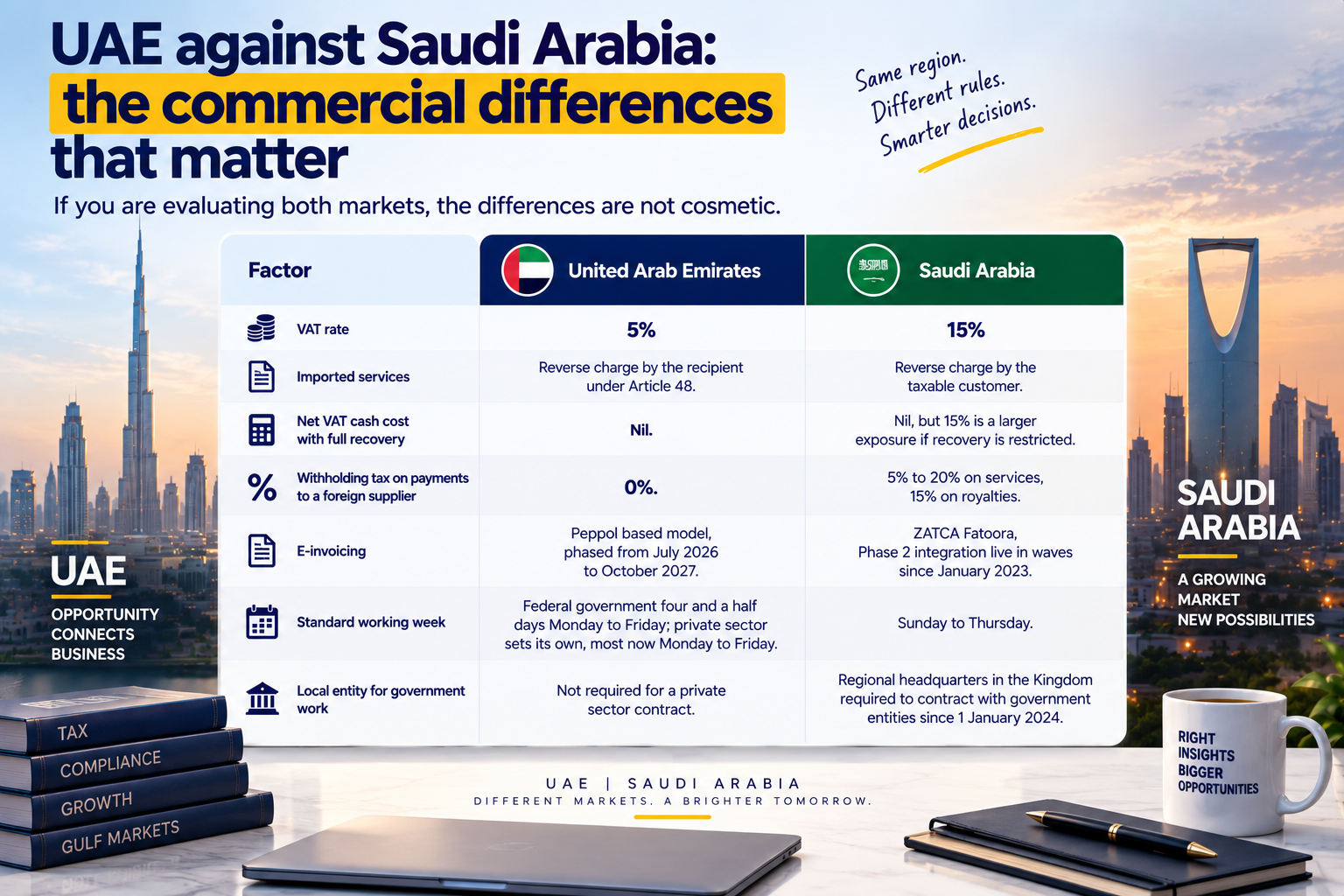 UAE vs Saudi Arabia comparison of VAT, e-invoicing, tax, and business requirements.