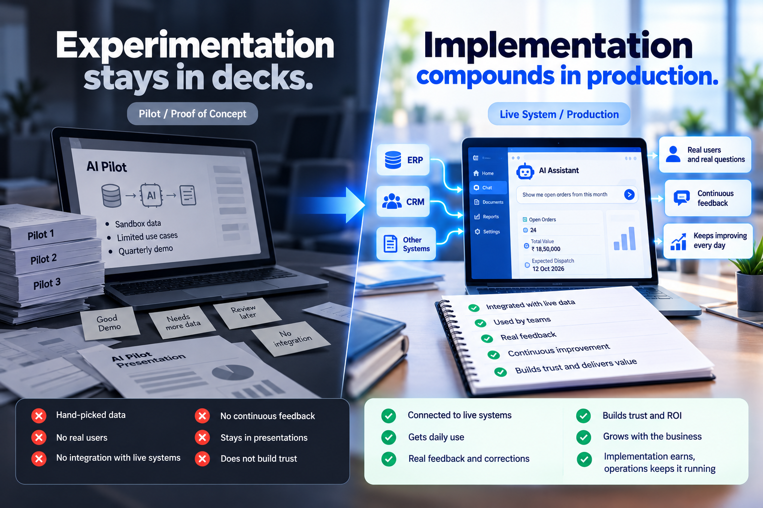 Comparison of AI pilots stuck in presentations versus live AI implementations delivering real feedback, continuous improvement, and business value.