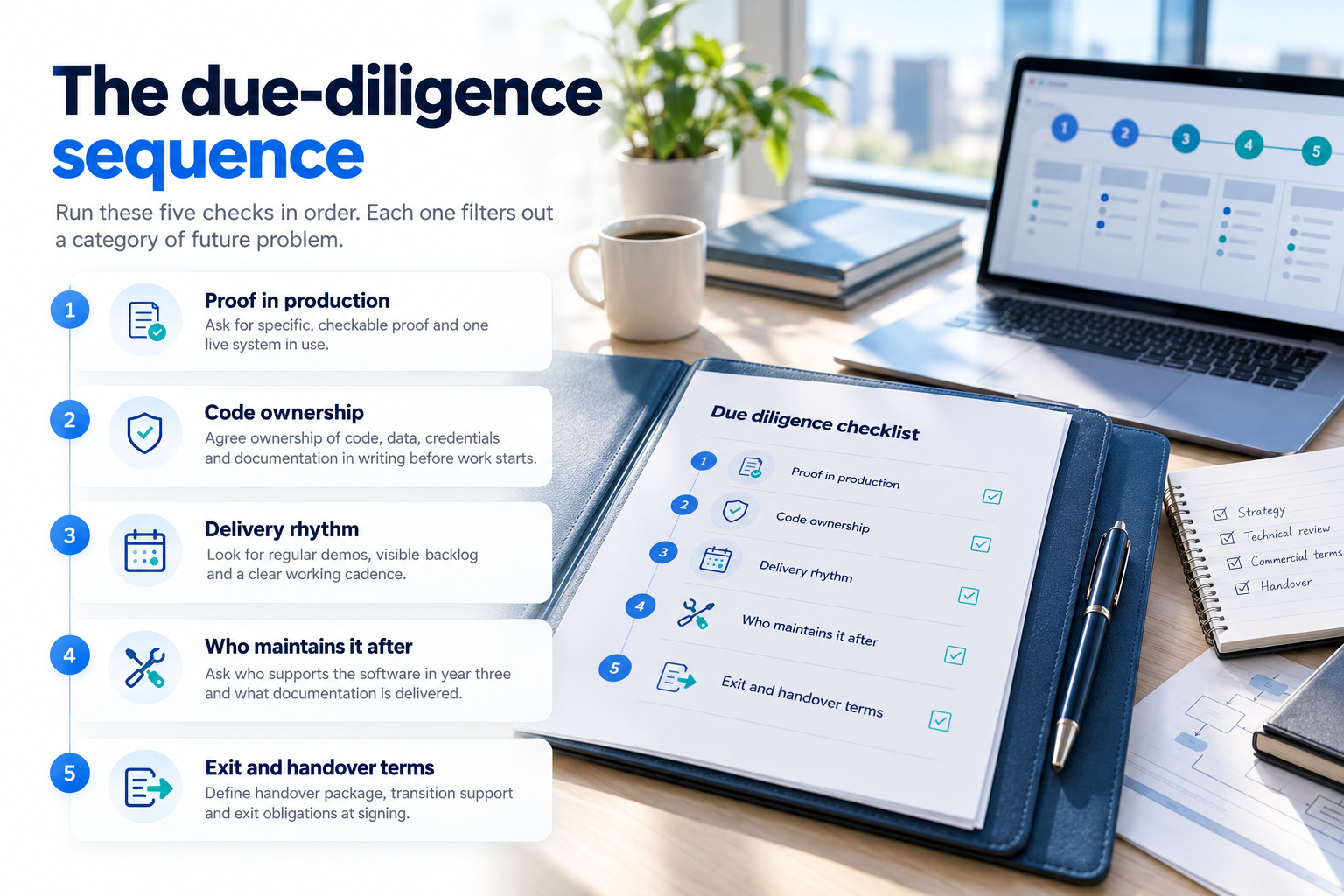 Due-diligence checklist graphic showing five steps to evaluate a software vendor, including production proof, ownership, delivery rhythm, maintenance, and exit terms.
