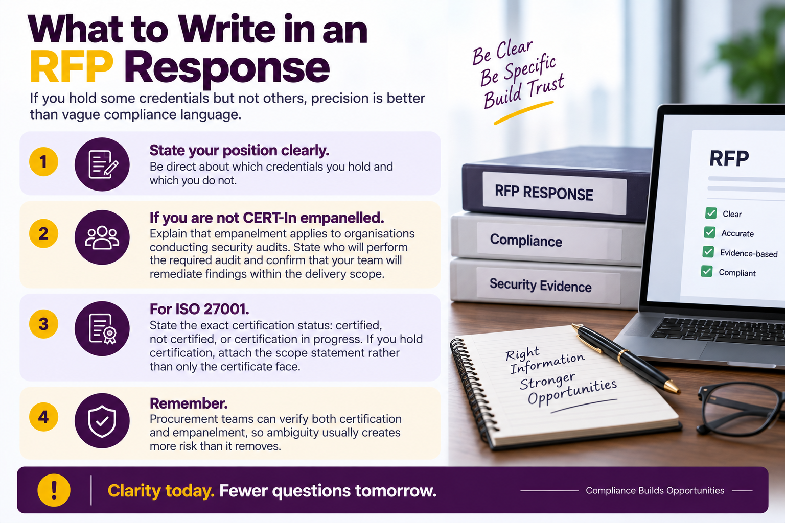 RFP response guidelines for clear CERT-In and ISO 27001 compliance disclosure.
