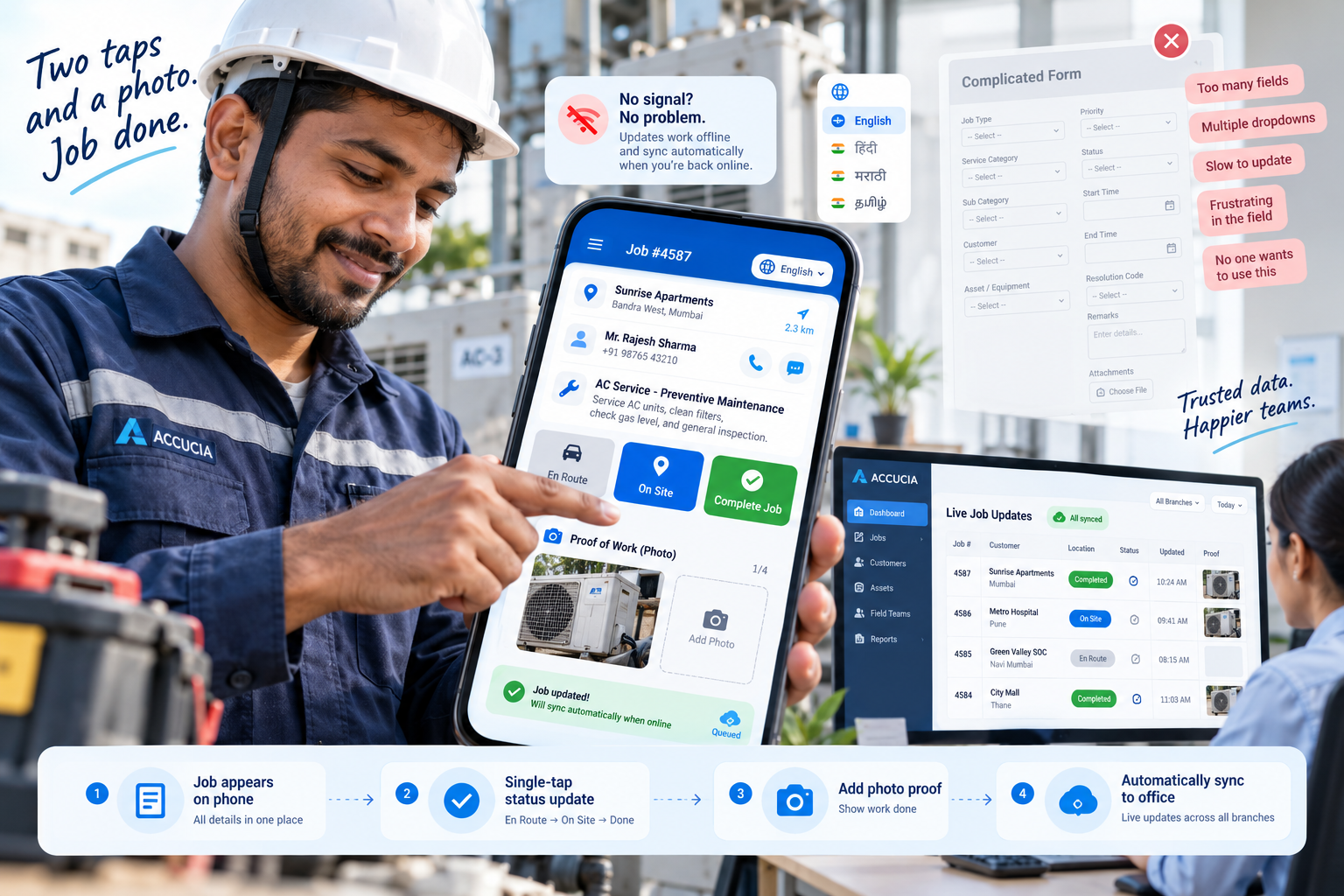 Field technician updating job status and uploading photo proof through a mobile app with offline sync and real-time office tracking.