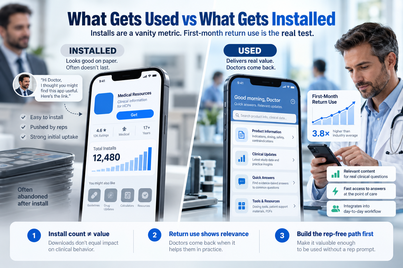 Pharma app installs versus real doctor return use.