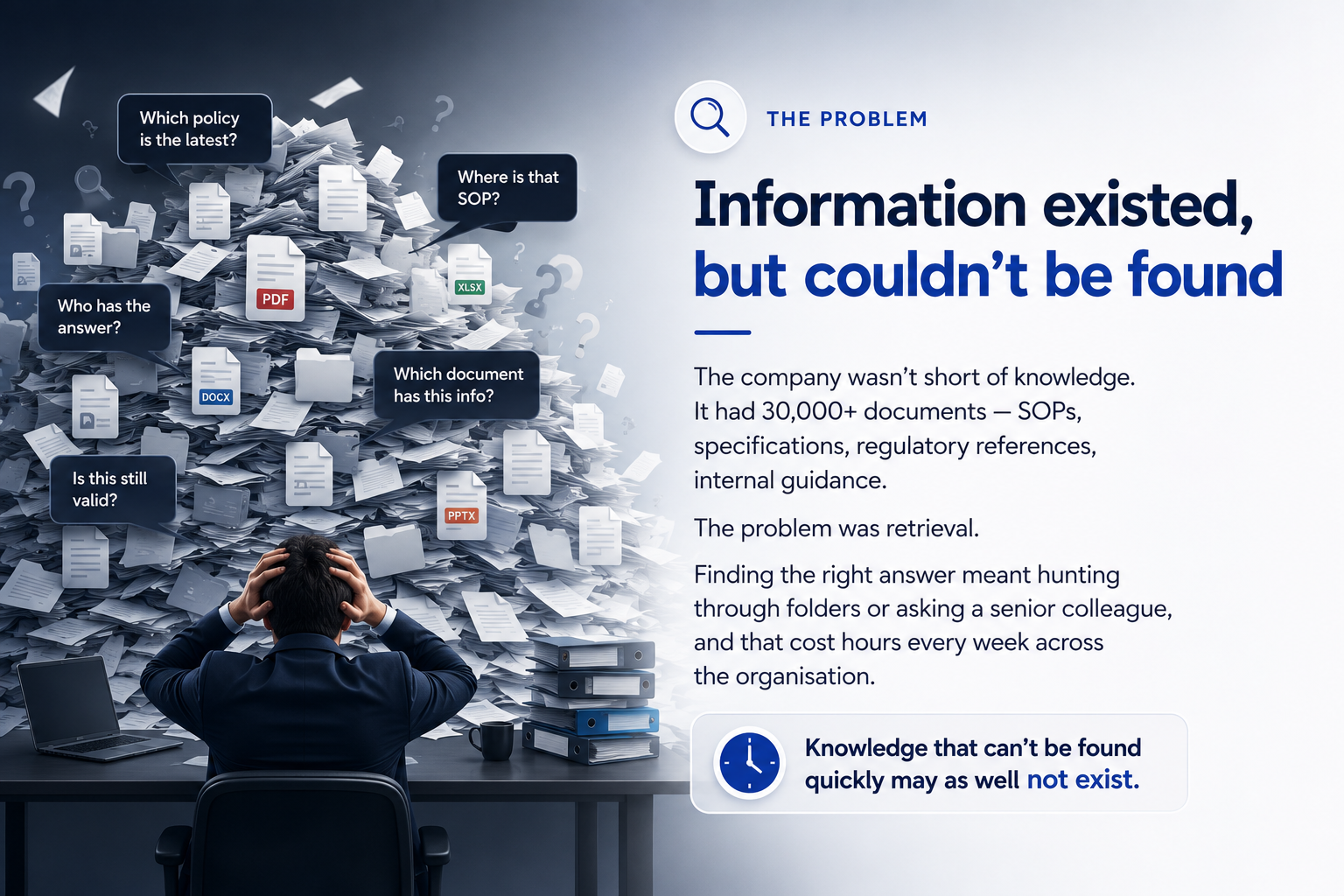 Employee searching through thousands of documents to find information.