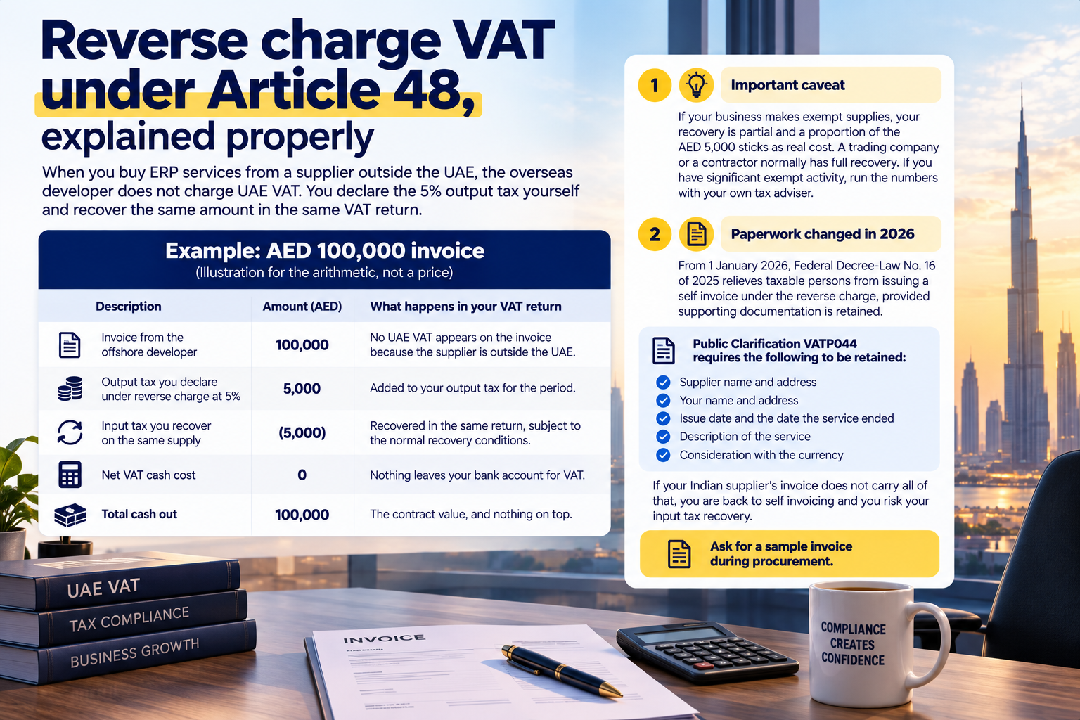 UAE reverse charge VAT example showing 5% output tax, recovery, and zero net cash cost.