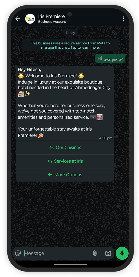 Hotel Iris Premier WhatsApp Chatbot Screenshot 3