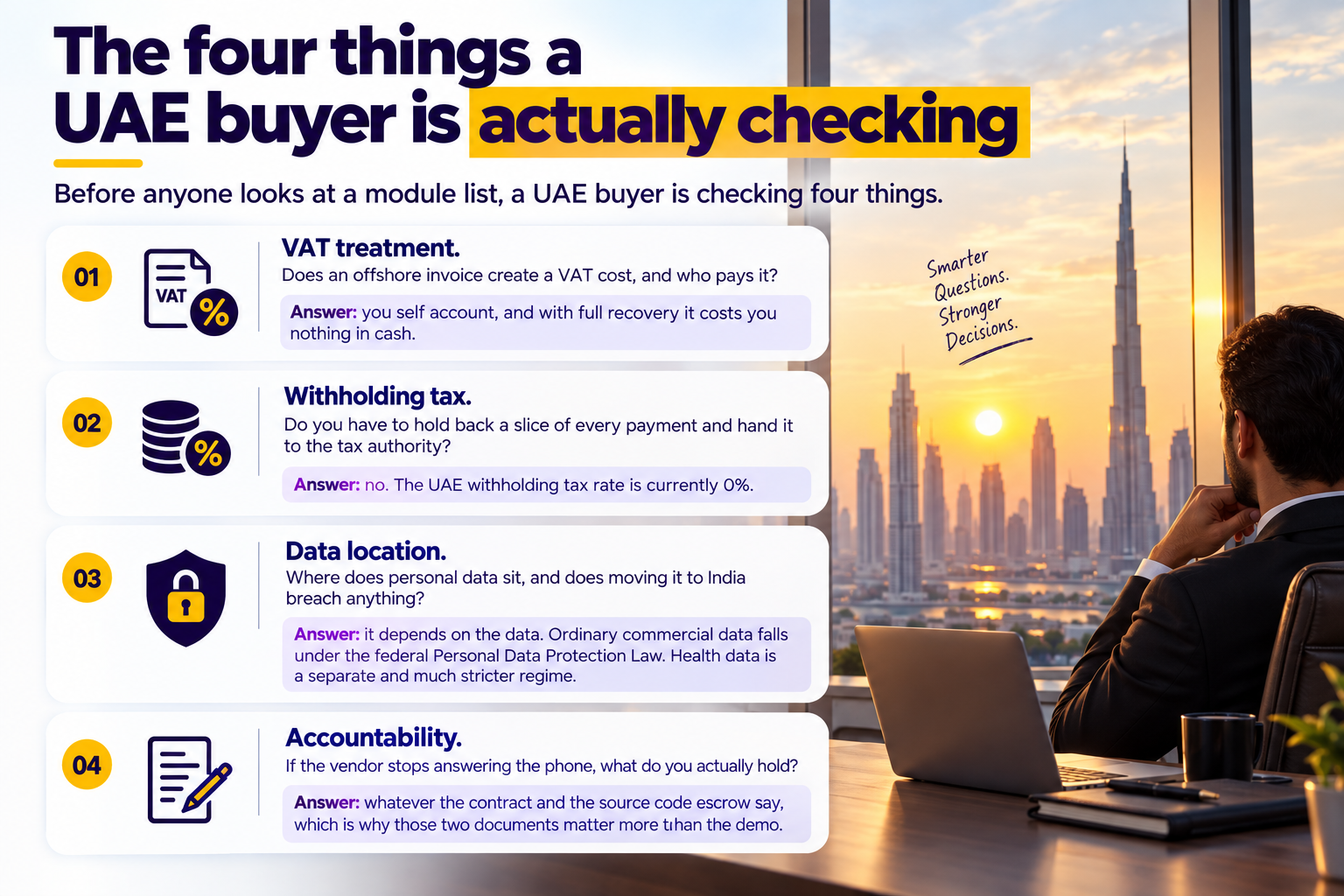 UAE buyer reviewing VAT, data protection, withholding tax, and ERP vendor accountability.
