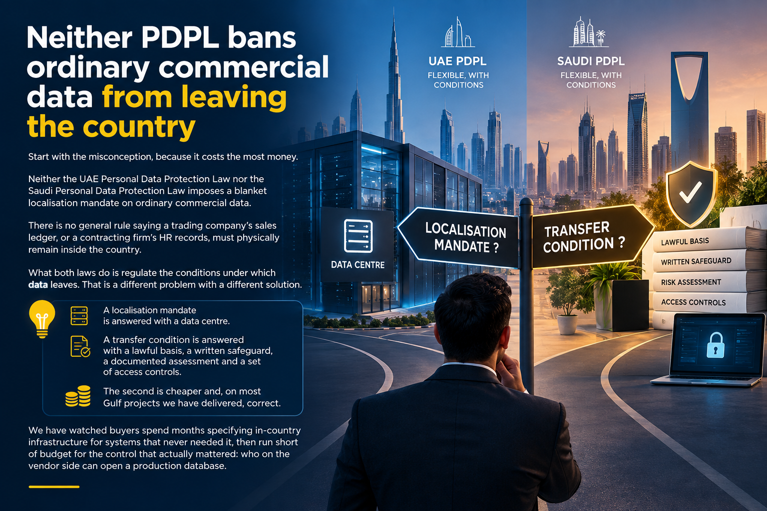 UAE and Saudi PDPL data transfer rules showing localisation versus compliance safeguards.