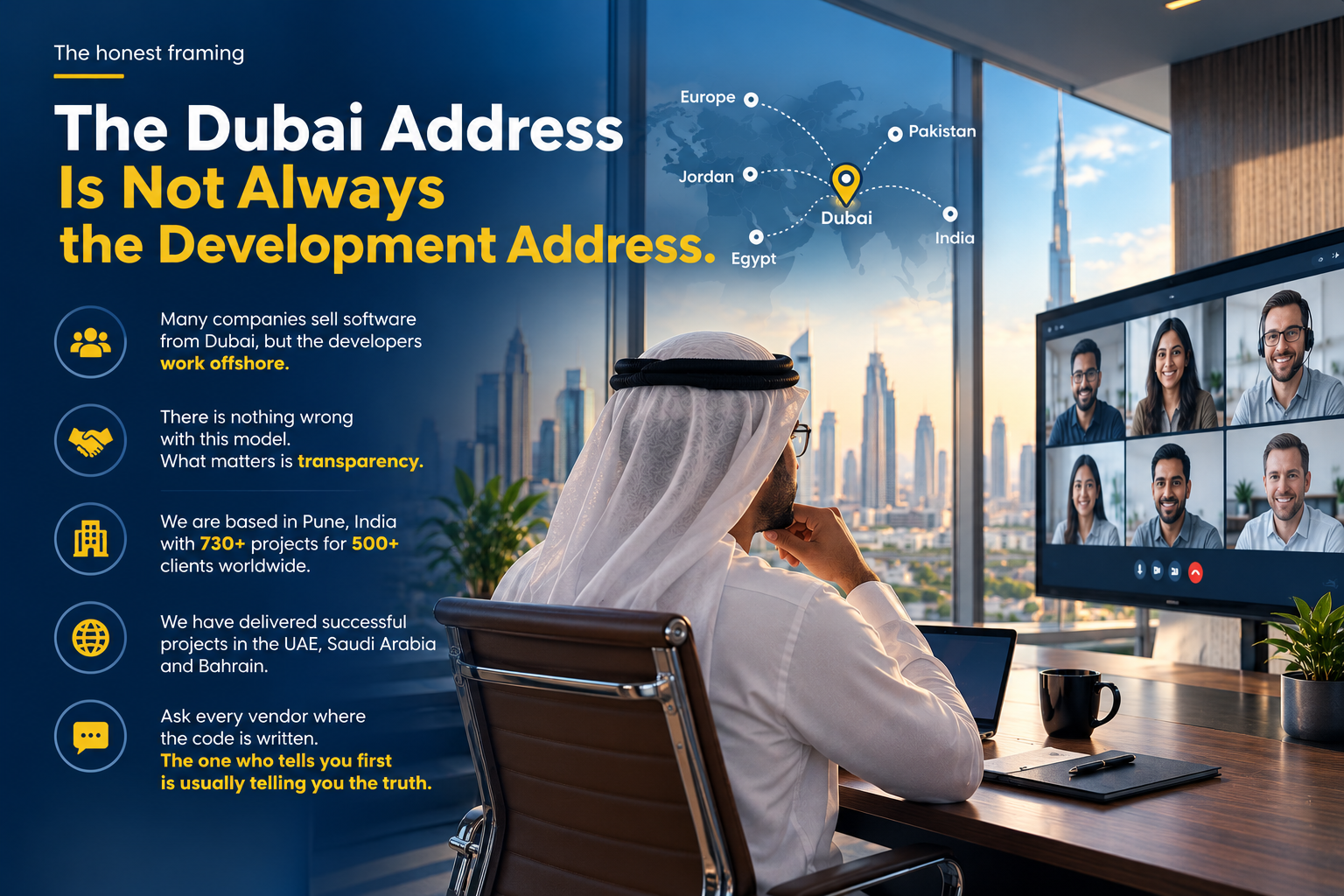 Dubai client reviewing offshore software delivery with a remote development team.