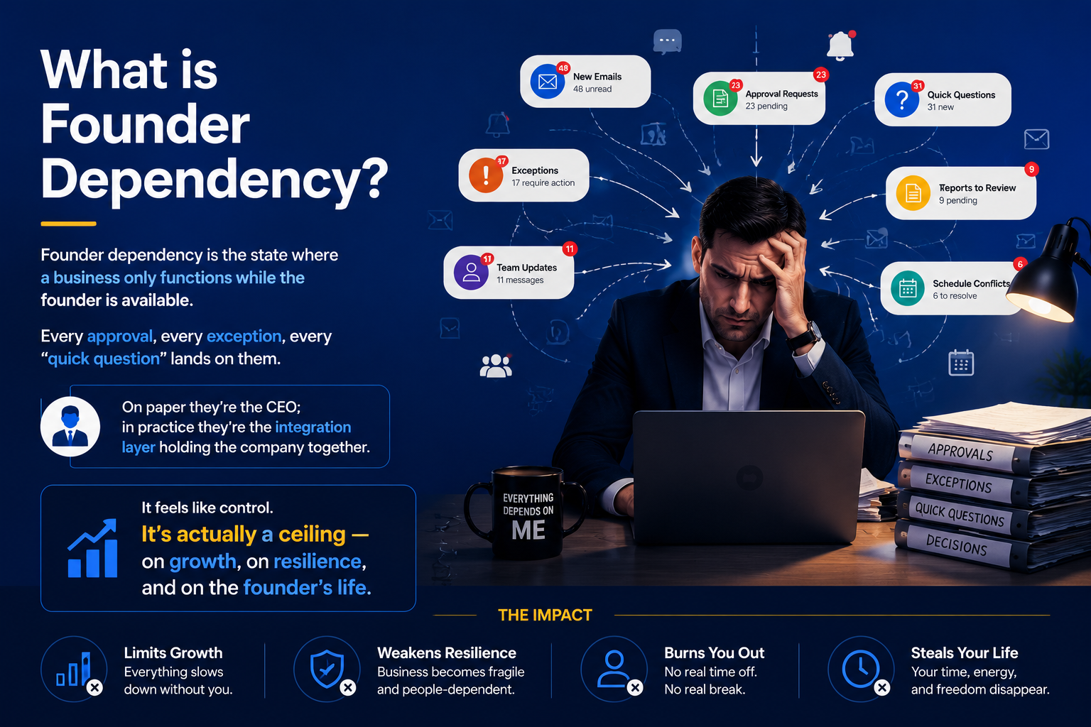 Founder dependency causing business bottlenecks and growth limits.