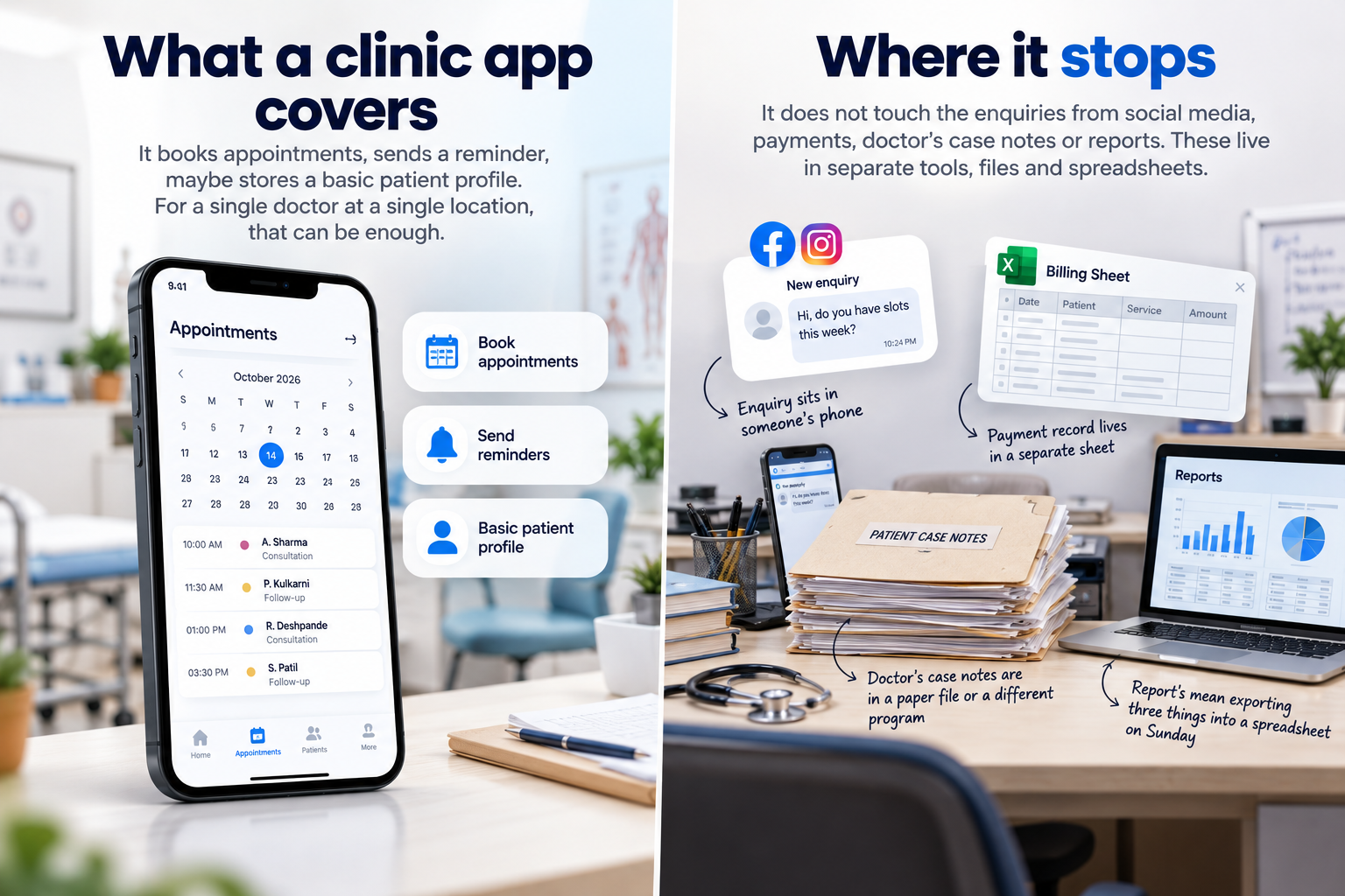 Clinic app features compared with the disconnected workflows it cannot manage.