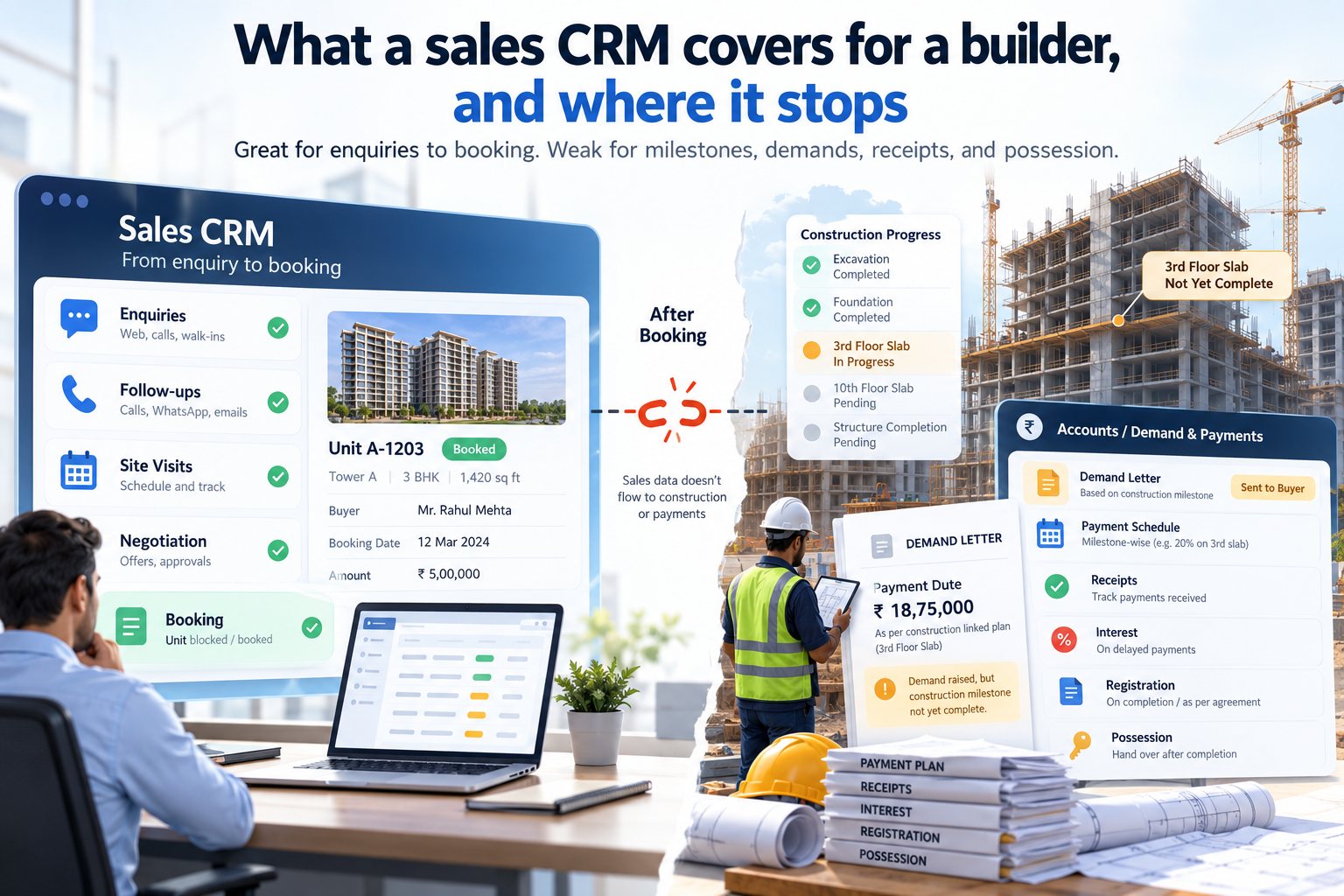 Infographic showing how real estate sales CRM manages enquiries and bookings but lacks construction milestone tracking, demand letters, and buyer payments.