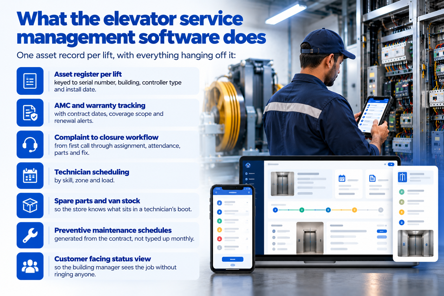 Elevator service management software dashboard with technician and maintenance features.