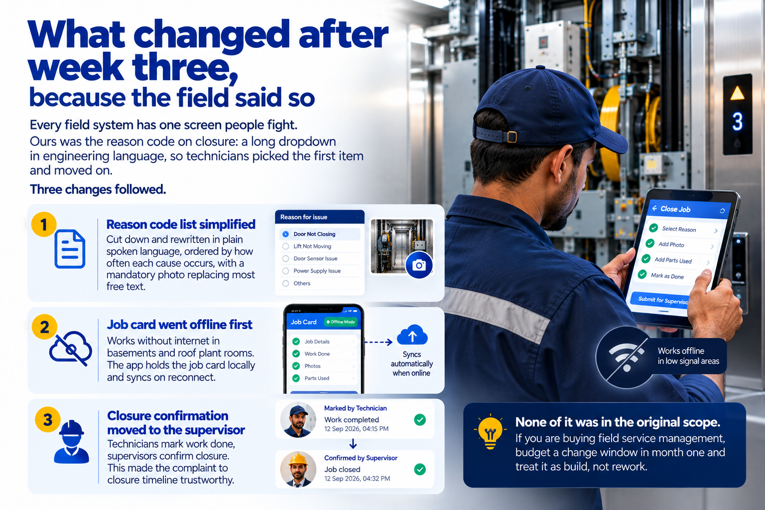 Elevator technician using an offline job card with simplified closure workflow.