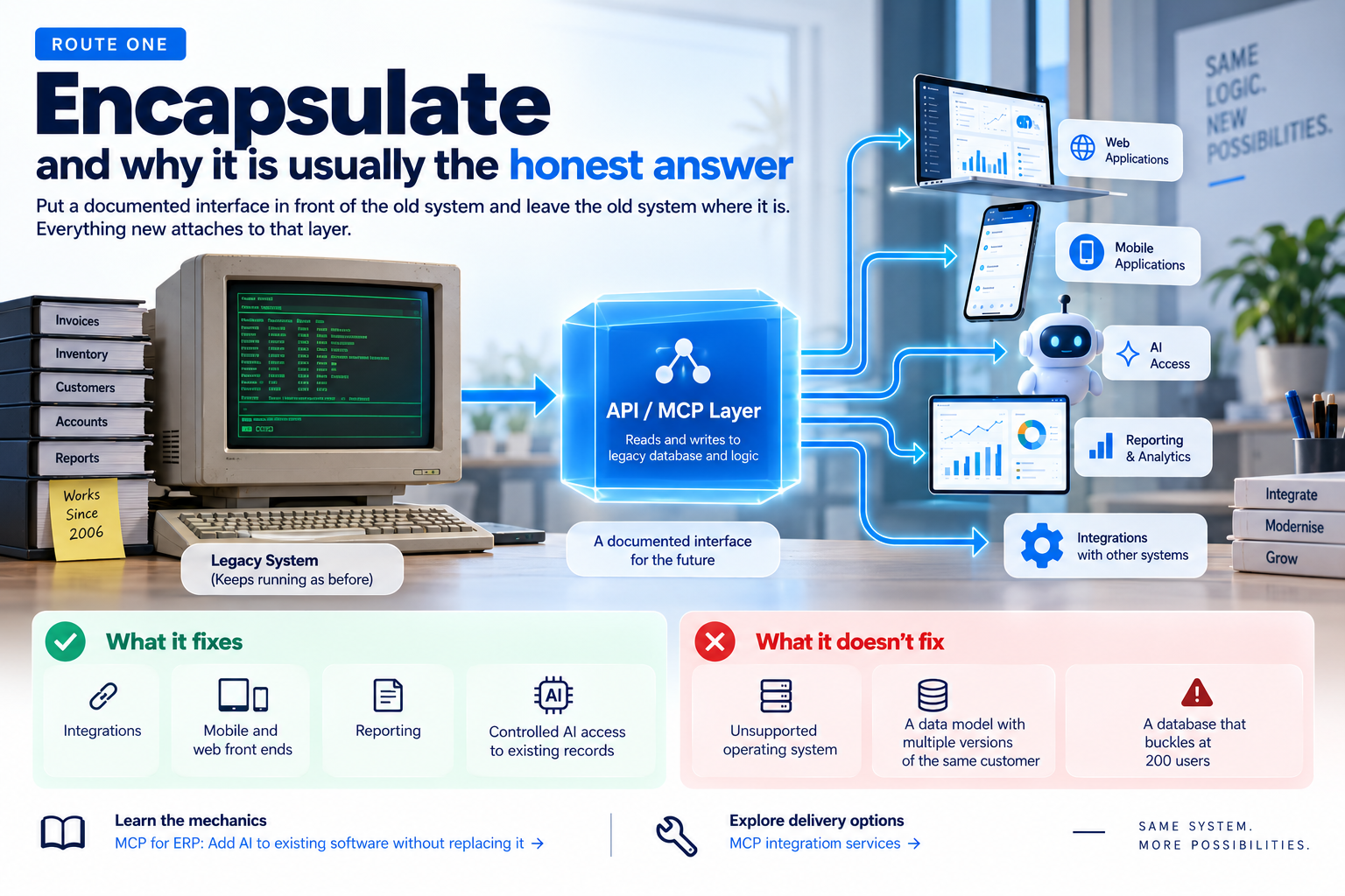 Encapsulation connects a legacy system to modern apps through an API or MCP layer.