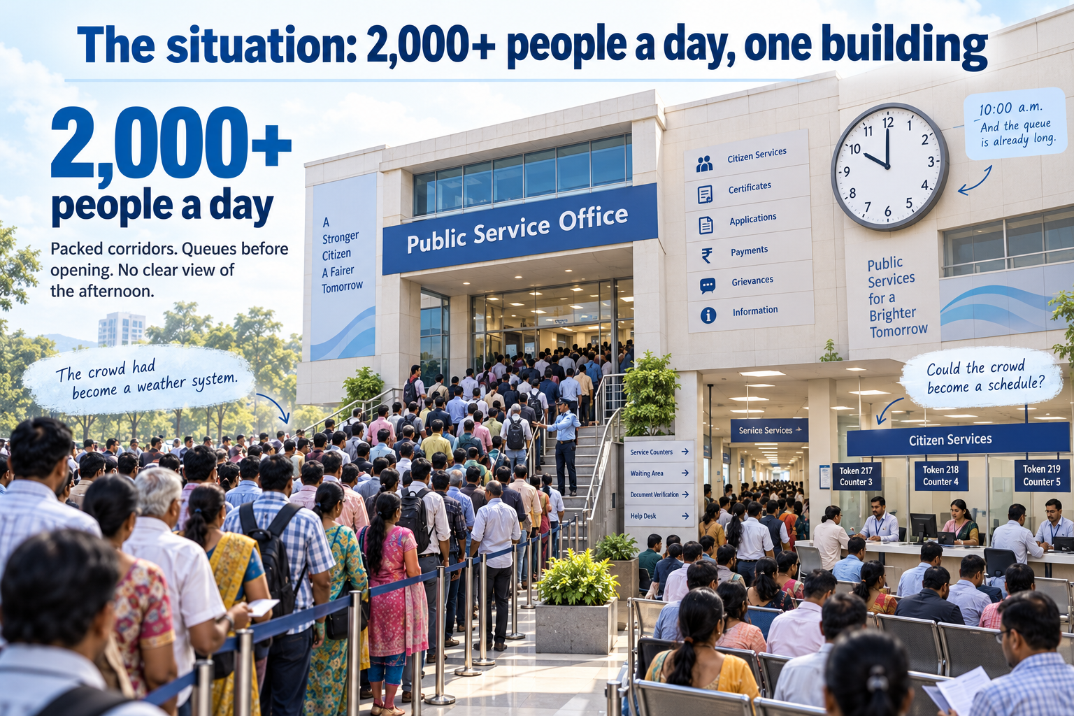 Crowded government office in Maharashtra illustrating 2,000+ daily visitors, long queues, packed waiting areas, and challenges in managing public footfall.