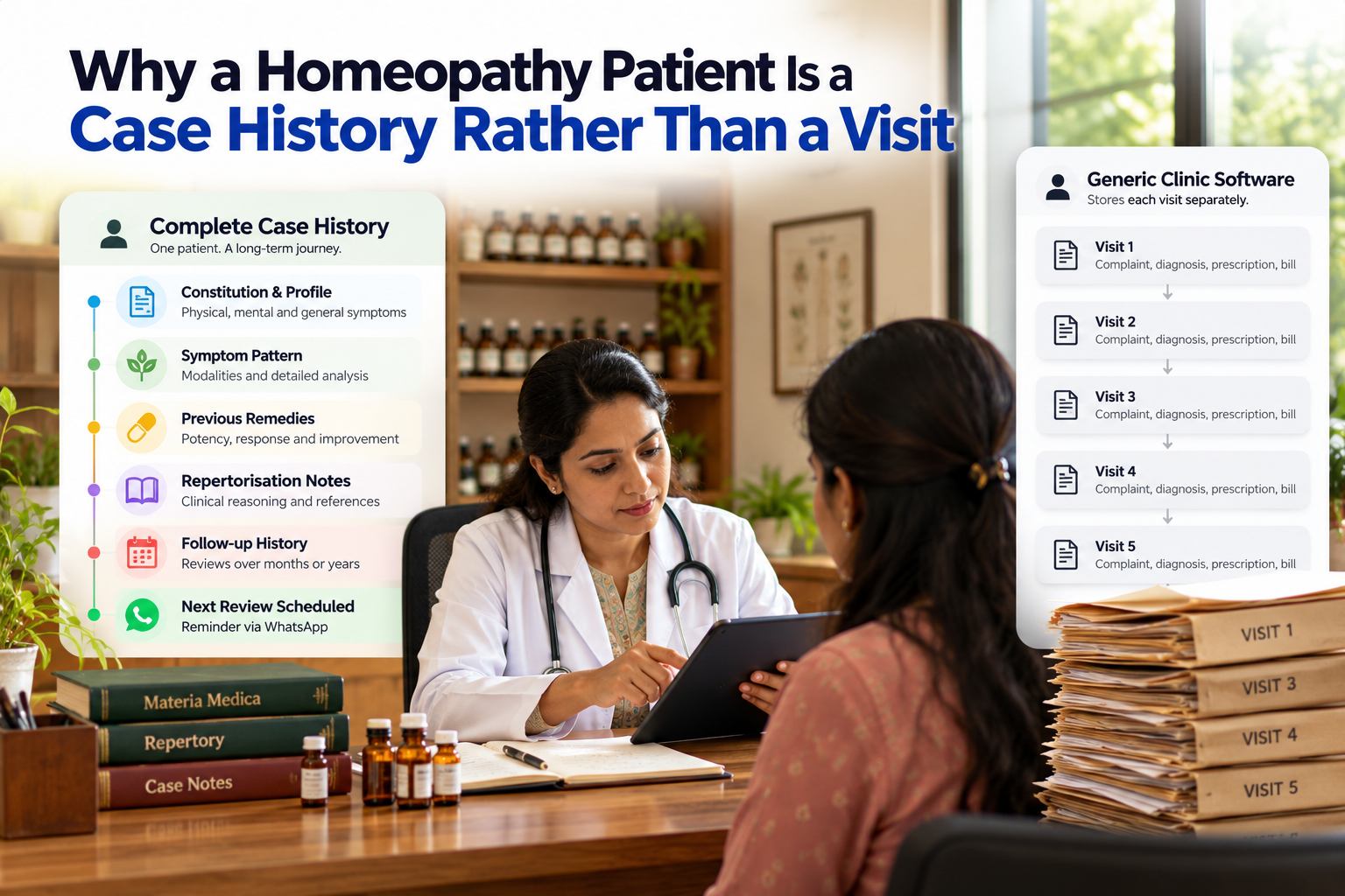 Homeopathy doctor reviewing a patient’s long-term case history compared with generic clinic visit records.